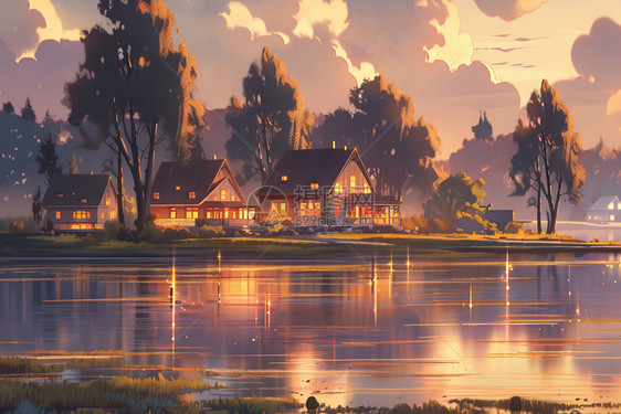 夕阳下湖边的小屋漫画图片