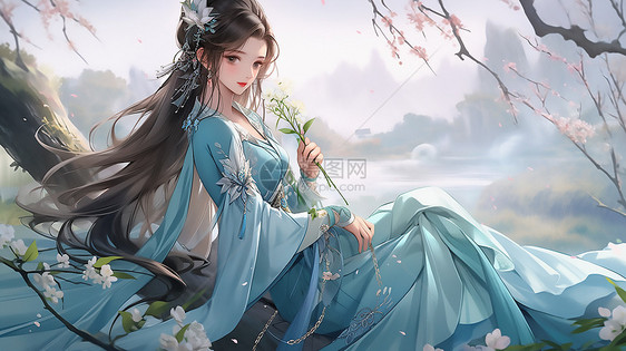 唯美古风女子躺在树上插画图片