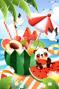 夏季美味什锦水果冰饮与熊猫图片
