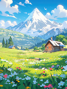 雪山山脉下的村庄和草地卡通插画图片