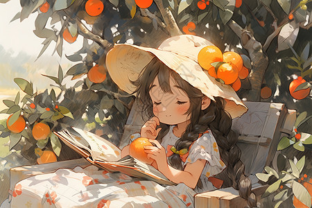 坐在橙子树下看书的女孩插画图片