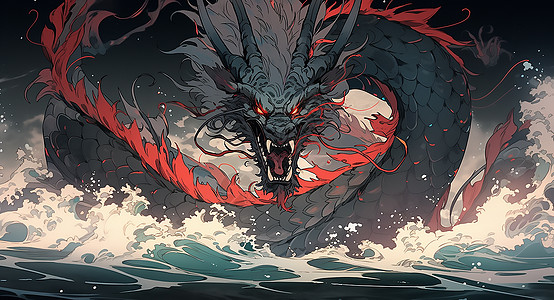 蛟龙号在海上咆哮的神龙插画