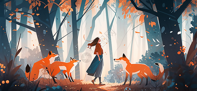 女孩和小狐狸插画图片