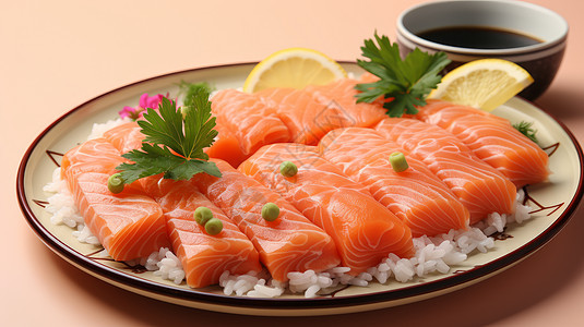 盘子中美味的三文鱼米饭图片