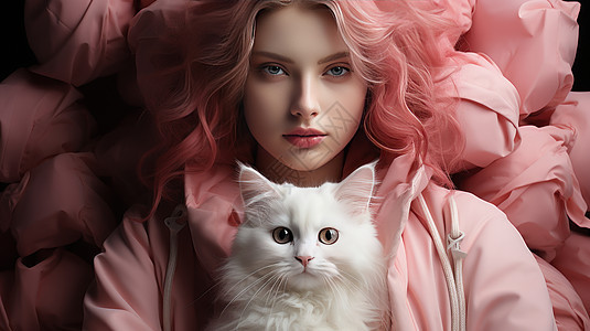 抱着一只白色猫的粉色头发女孩图片