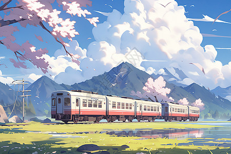 春天行驶在路上的列车卡通插画图片