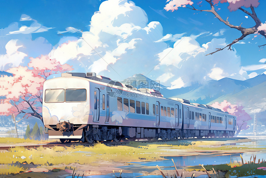 春天行驶在路上的列车治愈插画图片