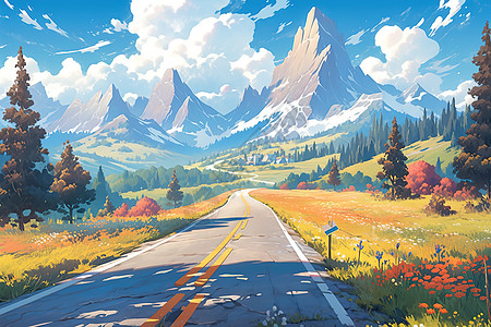 漫画旅行路上一条蜿蜒的山路插画插画