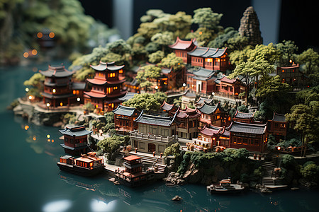 3D微型景观沙盘江南园林古建筑场景背景图片