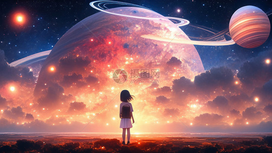 卡通小女孩背着站在巨大的星球前背影图片