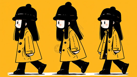 戴黑色帽子走路的时尚卡通小女孩图片