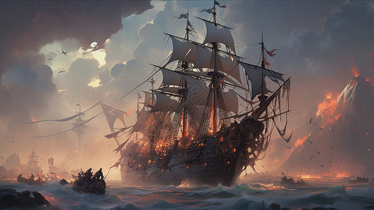 卡通一艘大型复古帆船在夕阳下航行图片
