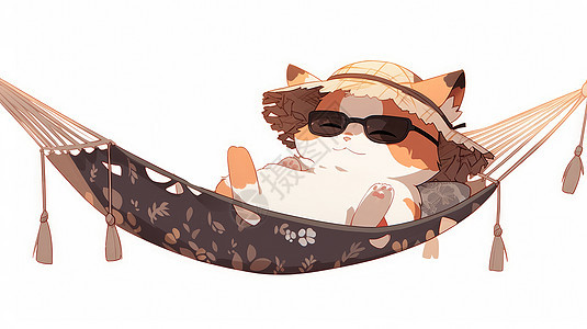 戴着墨镜躺在吊床上睡觉的度假的卡通猫图片