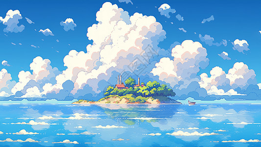 蓝天白云下美丽的海上卡通小岛图片