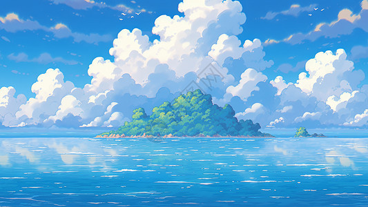 蓝蓝的大海上一座被植物覆盖的卡通小岛图片