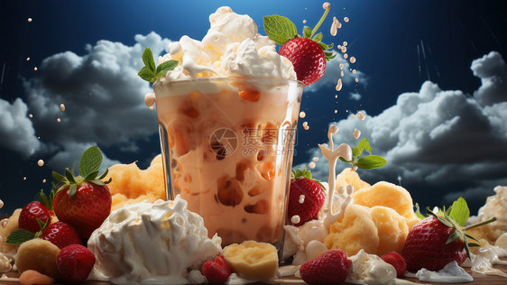 在玻璃杯中美味诱人的沙冰甜品套餐图片