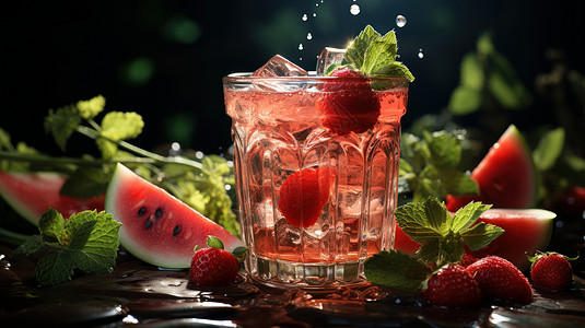 冰水玻璃杯中清凉解暑的冰块西瓜草莓汁插画