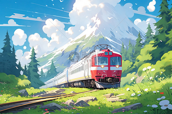 一辆火车行驶在美景如画的景点卡通插画图片