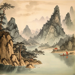 中国传统山水画古风诗意场景图片