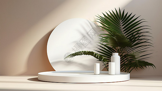 电商产品展示圆形棕榈叶装饰柔和3D设计背景图片