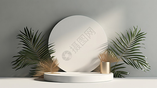 电商产品展示圆形棕榈叶装饰立体设计背景图片