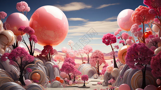 粉色森林中超现实立体球形卡通风景图片
