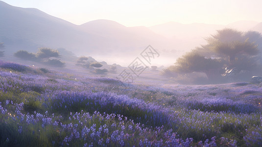 紫色山坡山川云雾中一片美丽的紫色小花风景插画