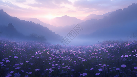 日出紫色调美丽的小花在绵延的山中图片