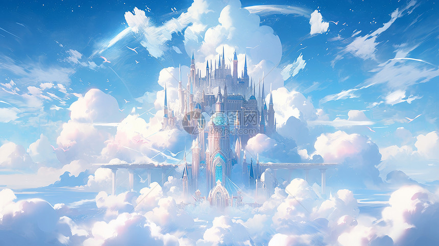 复古欧式梦幻卡通城堡蓝天白云上图片