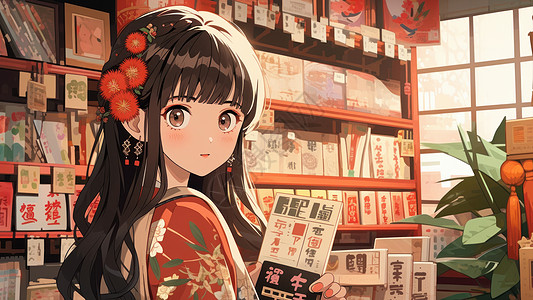 传统服饰装扮在书店的长发卡通女孩高清图片