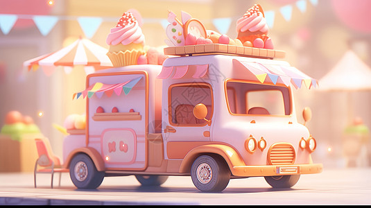 车顶上顶着冰激凌可爱的粉色卡通玩具车图片