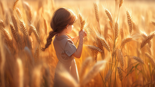 在金黄色的麦田中手拿麦子的卡通女孩图片