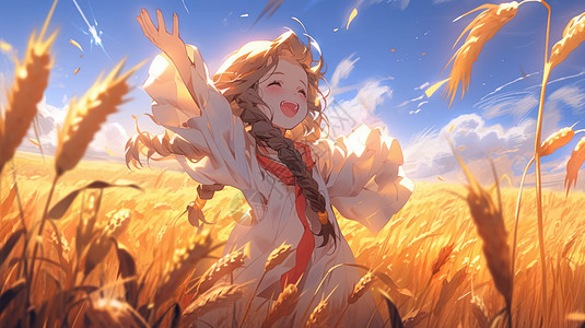 秋天在丰收麦子地中张开双臂开心笑的卡通女孩高清图片