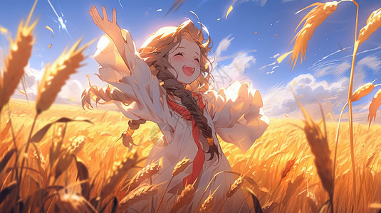 秋天在丰收麦子地中张开双臂开心笑的卡通女孩图片