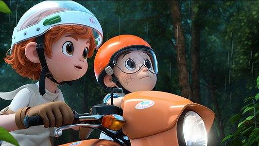 大雨中骑摩托车戴头盔在树林中探险的卡通小孩们背景图片