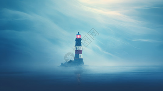 雾气蒙蒙的海面上一座灯塔图片