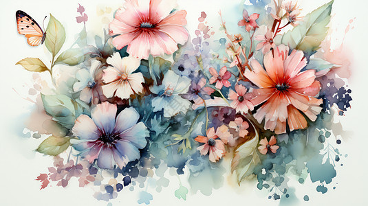 唯美小清新水彩花朵与漂亮小蝴蝶图片