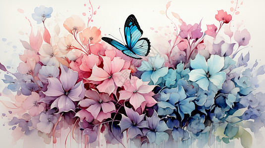 渐变色水彩唯美水彩渐变色漂亮的花朵与蝴蝶插画
