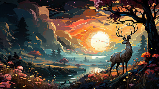 傍晚美丽的森林湖边一只鹿卡通风景图片