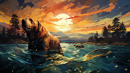 在夕阳下一只大狗在森林湖泊中游泳图片