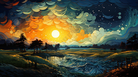 梦幻唯美的夕阳照在大地上卡通风景图片