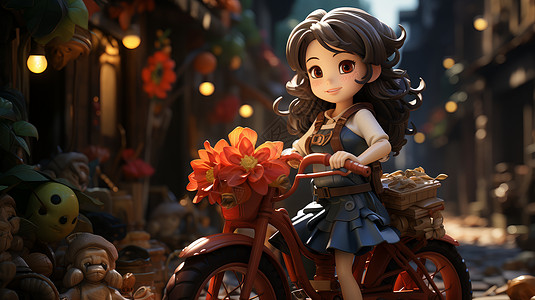 长发立体卡通女孩骑着自行车带着花朵在街道上高清图片