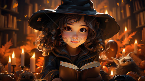 戴着小巫女帽子在书房看书的卡通小女孩图片