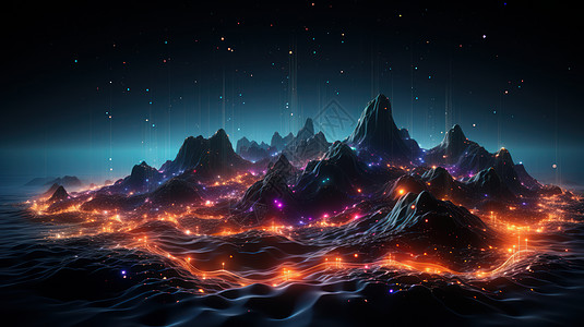科技山科幻小岛上五颜六色的发光粒子插画