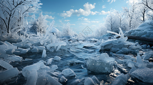 冬天冰天雪地的冰河与冰块图片