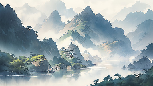 高山云雾唯美古风水墨画河流边山上一座古风建筑插画