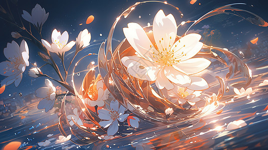 唯美浪漫水中的花朵卡通插画图片