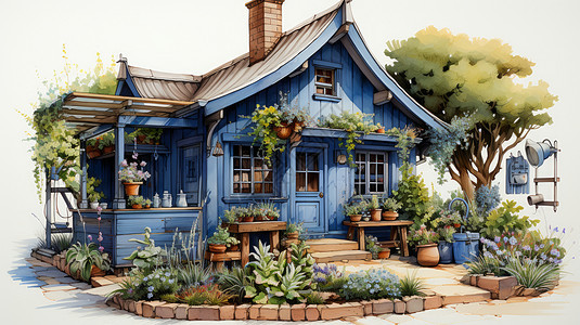 蓝色卡通木屋小房子前放着很多盆栽图片