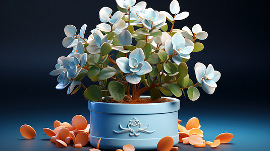 蓝色花盆中一棵盛开着蓝色花朵的小清新植物图片