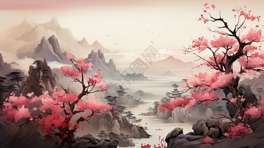 山上的桃花树盛开着远处美丽的水墨风山水风景图片